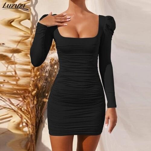 Luzuzi Puff Sleeve Sexy Party Dress Square Collar Spring Basic Wrap Ruched Slim Autumn Fashion Mini Club Bodycon Dress Woman