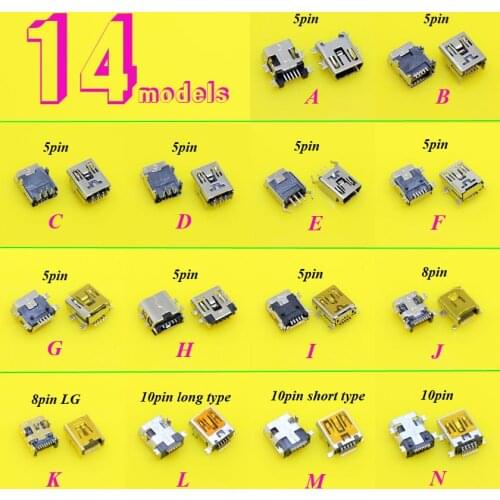 14models 5pcs each 5PIN 8Pin 10Pin Mini USB connector jack Charging port power socket For MP3 MP4 MP5 Car DVR DIY electric toys