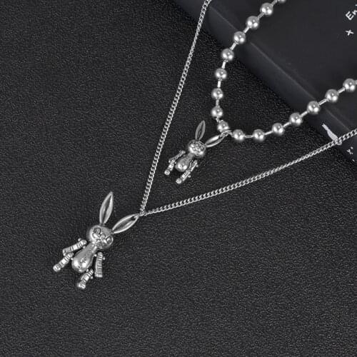 Retro Metal Rabbit Bunnys Pendant Necklace Men and Women Stainless Steel Double-layer Chain Harajuku Hip Hop Jewelry