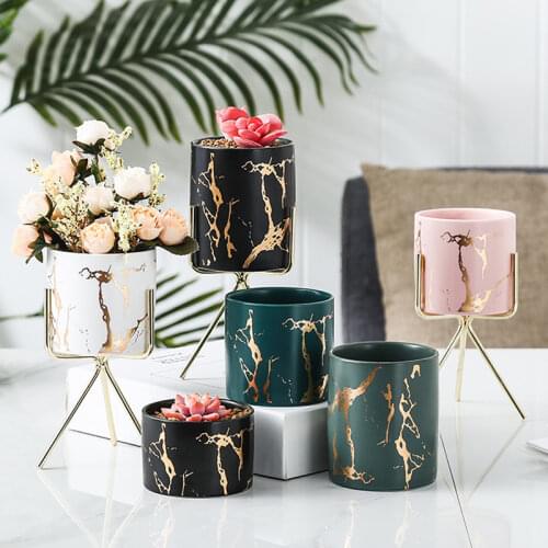 Ins Golden Marble Grain Vase with Metal Frame Chic Table Cosmetic Brush Storage Jar Home Decor Flower Plant Ceramic Container
