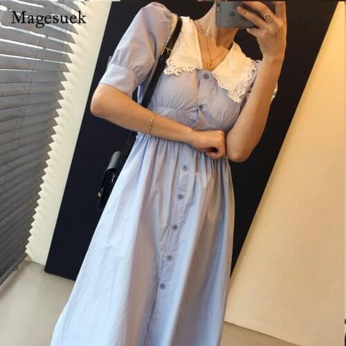 Vintage Single Breasted Party Dress Belt 2021 Summer Short Sleeve Women Dress with Lace Loose High Waist Female Dresses 14072