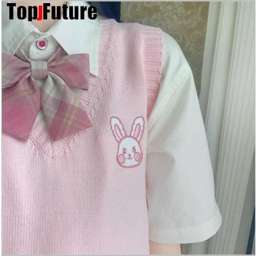 PINK BUNNY Japanese girls Knitted Vest cute versatile sweater school Uniform Cardigans RABBIT embroidery JK UNIFORM sweater