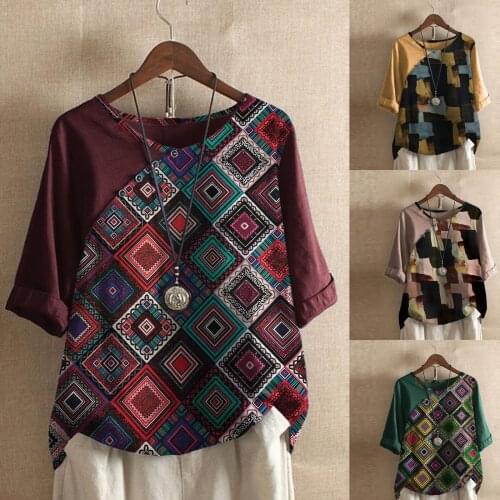 Ladies three Quarter Sleeve Ethnic Style Round Neck Button Stitching T-shirt Retro Printing Large Size Cotton Linen Loose Shirt
