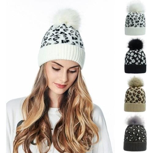 Women Winter Warm Knitted Beanie Hat Vintage Leopard Animal Print Fuffy Pompom Cuffed Skull Cap Head Cover Ear Warmer