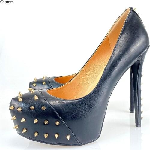 Olomm 2021 Handmade Women Pumps Sexy Studs Stiletto Heels Round Toe Black Club Wear Shoes Women US Size 5-20