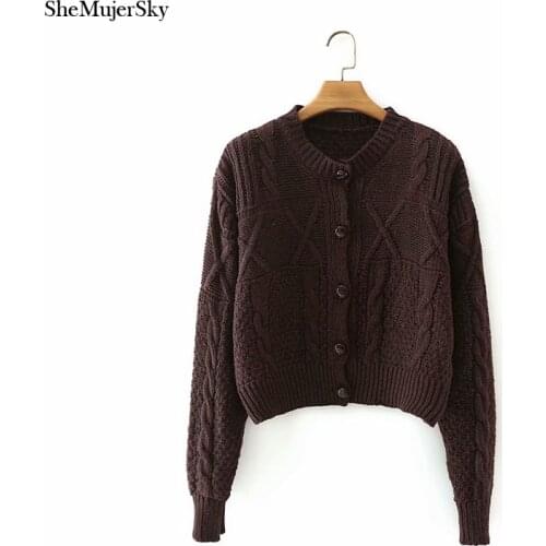 SheMujerSky Women Criss-cross Knitted Brown Sweaters O-neck Single Breasted Cardigans 2021 blusa de frio feminina