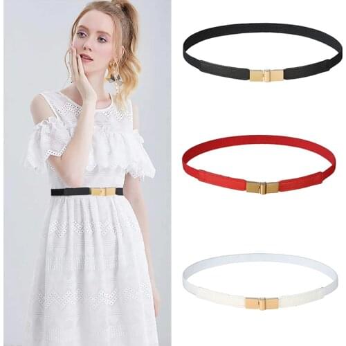 AWAYTR Black Red White Skinny Thin PU Canvas Belt for Women Leather Waistband Female Gold Buckle Women Elastic Belts 60*1.5cm