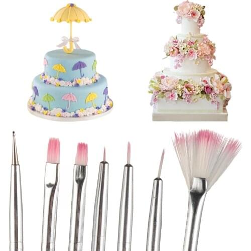 7PCS Plastic Stainless Steel Cupcake Paint Pen Brush Pastry Fondant Icing Dusting Mold Decal Decor Accessory DIY Sugarcraft Tool
