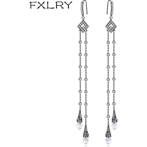FXLRY White color/Gun black zirconia Long tassel ear hook earrings for women Jewerly