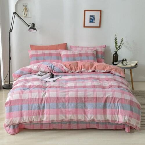 2021 New Pure Cotton Washed Sheet Duvet Cover Bedding Checkered Stripe Four Piece Set Bedding Kit Sheet Blanket Quilt Cover Set