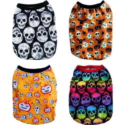 Dog Clothes for Small Dogs Summer Coat Dog Vest Halloween Skull Pumpkin Bat Print Cat T-Shirt Chihuahua Hooides Pet Clothing