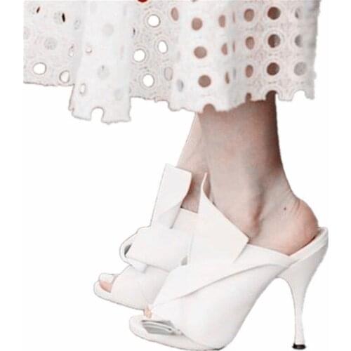 Summer Elegant Women Big Butterfly Knot Satin Silk Slingback Slipper Sandals Stiletto High Heels Slide Sandal Street Dress Shoes