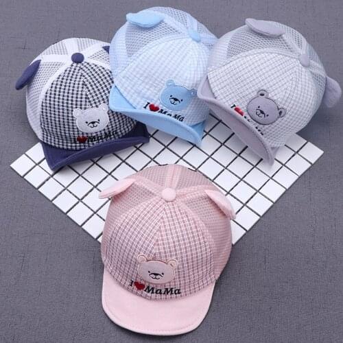 Summer Newborn Baby Girl Boy Love Mama Sun Hat Cotton Cartoon Striped Bear Snapback Baseball Cap Baby Hats with Ears Bucket Caps