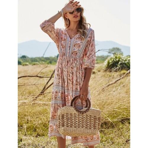 Bohemian Ruffles Long Sleeve Mini Dress Womens Summer Holiday Beach Party Ethnic Print Pleated Kaftan Tunic Sundress Vestidos