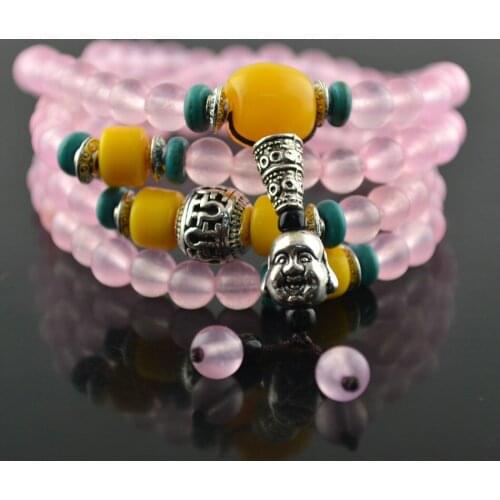 Fashion Women Lucky Jewelry 108 Beads Pink Stone Buddha Head Charm Prayer Mala Bracelet