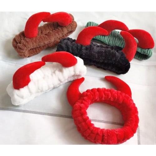 Cartoon Ox Horns Headband Plush Demon Horn Makeup Shower Wash Face Headbands Hair Band Halloween Party Bandana Hair Accessories