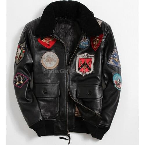 2020 Men Black TOP GUN Leather Jacket Wool Collar Real Thick Cowhide Europe Size XXL Russian Pilot Coat Can Customized