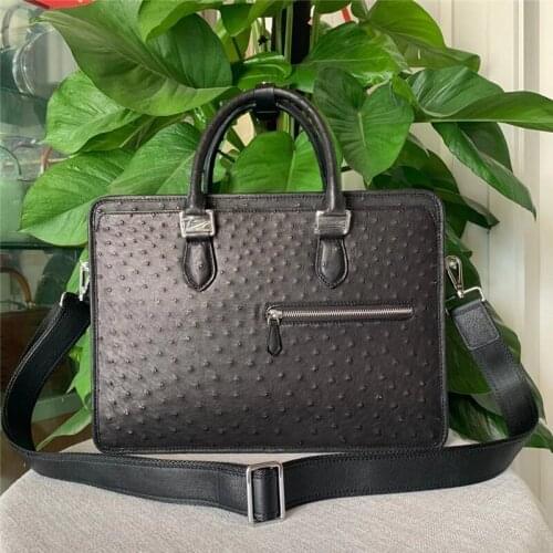 Authentic Real True Ostrich Skin Businessmen ZIP Working Handbag Laptop Briefcase Genuine Exotic Leather Male Large Shoulder Bag
