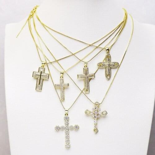 5Pcs Mix shape Cross pendant Necklace Jewelry Zircon jewelry Pendant Necklace Slim box chain Jewelry necklace 8387