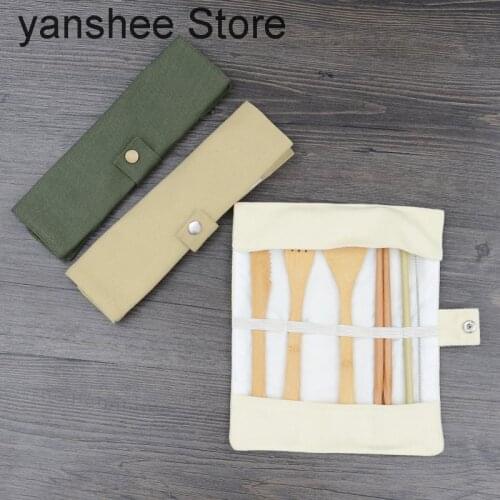 6-Piece set of natural bamboo tableware, gift canvas bag, kitchen utensils, knife, chopsticks, fork, spoon, straw and brush