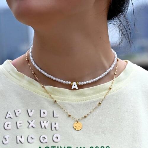 2Pcs/Set Bohemian Initial Letter Pearl Necklaces 2021 Trendy Simple Pendant Beaded Chain Necklace For Women Jewelry Choker Gift