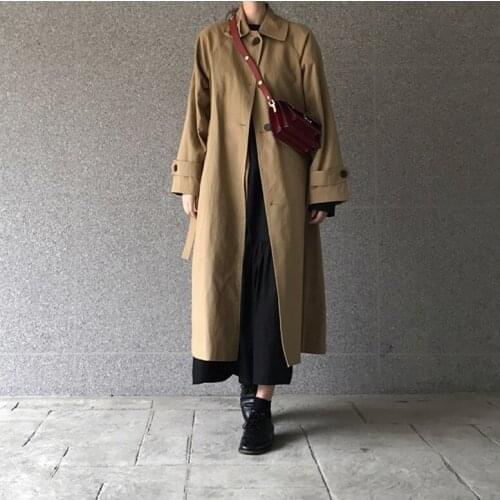 Lapel tie ladies coat loose long retro windproof pocket simple classic British style super long trench coat