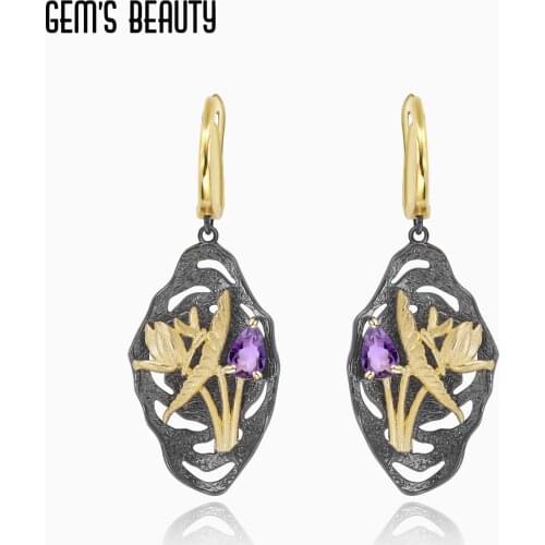 GEMS BEAUTY 925 Sterling Silver 18K Gold Filled Earring Flower Dragonfly Handmade With Natural Amethyst For Women Earring