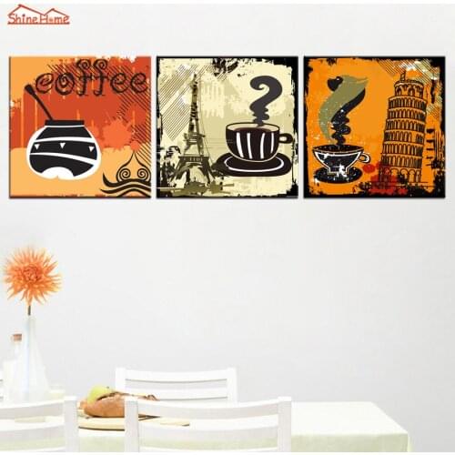 ShineHome-3pcs Wall Art Canvas Prints Abstract Oil Paintings Triptych Coffee City Landmark Pictures Cafe Hotel Dining Room Decor