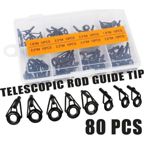 Sougayilang 80pcs Gun Color Fishing Rod Guide Guides Tip Set Repair Kit DIY Eye Rings Different Size Stainless Steel Frames