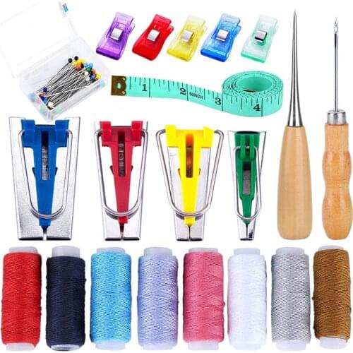 Imzay Bias Tape Kit Machine Tools with Sewing Thread, Sewing Clips, Ball Point Pins and Other Tools for Fabric Sewing Quilting