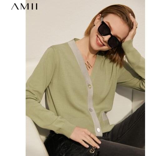 Amii Minimalism Spring New Offical Lady Womens Sweater Tops Causal Vneck Patchwork Single-breasted Cardigans For Women 12140300