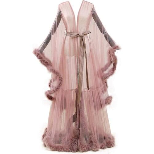Womens sexy pink feather long wedding scarf illusion nightgown robe see-through pure bathrobe nightgown