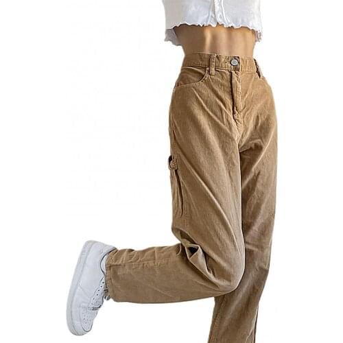 50%HOT Casual Women High Waist Button Solid Color Long Loose Corduroy Pants Trousers