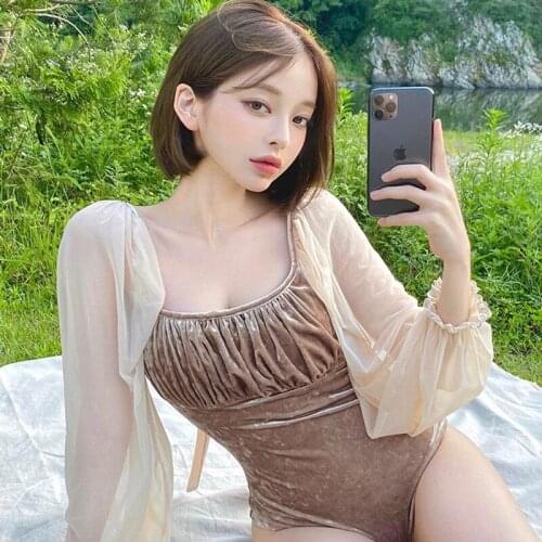 2021 New Maillot Korea High Quality Monokini Women Swimwear Swimsuit Long Sleeve Mesh Bathing Suit Sexy Tankini Beachwear Suit