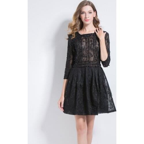 H80&S90 New Dress Women Luxury Party Vestido Square Collar Half Sleeve Embroidered Sequin Bead Pearl Tunic Hollow Out Lace Dress