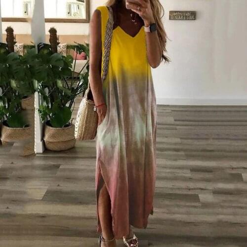 Tie-dye traf Robe Women Summer Dress Casual Sleeveless Dress V-neck Anime Maxi Dresses With Pocket платье летнее женское2021