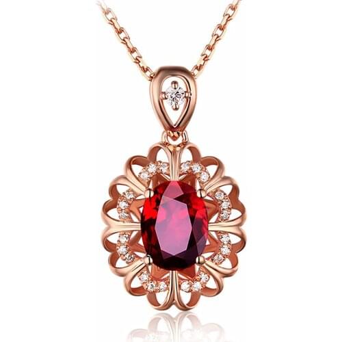 14k Rose Gold Color Flower Red Crystal Ruby Gemstones Diamonds Pendant Necklaces For Women Jewelry Bijoux Party Fashion Gifts