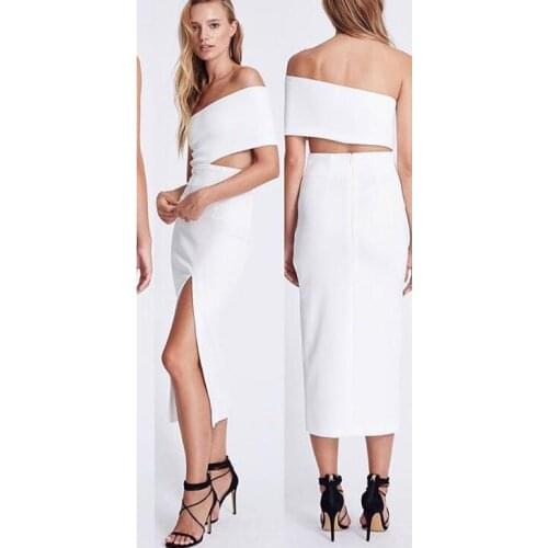 2019 Chic Vestidos Bandage Party Night Women Dress Slash Neck Midi Slit Black White Bodycon Bandage Dress