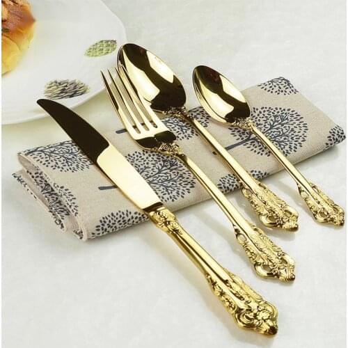24PCS Vintage Gold Cutlery Set Dining Steak Knives Forks Teaspoons Set Golden Engraving Tableware Set Luxury Silver Dinnerware