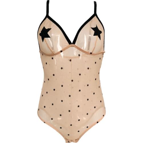 Skin Thin Star Spaghetti Strap Open Crotch Sexy Bodysuit for Women Female Sexy Lingerie Underwear Gift for Lover SLA016