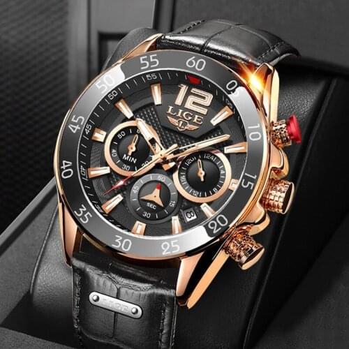 2021 New Fashion Sport Men Watches LIGE Top Brand Luxury Quartz Wristwatch Leather Waterproof Chronograph Watch For Men Relogio