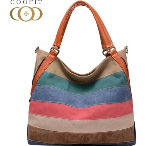 Coofit Female Fashion Designer Multicolor Striped Canvas Totes Single Shoulder Bag Casual Handbag Purses for Women Girls Ladies