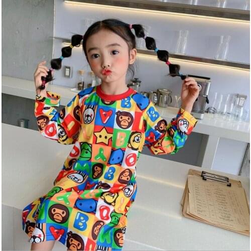 Kids Girls Cartoon Cute Animal Zoo Pattern Tops Long Sleeve Dresses Casual Lovely Princess Dress