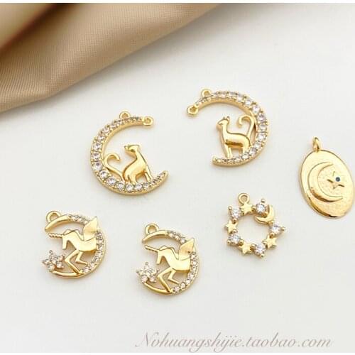 18K gold inlaid zircon romantic fairy starry moon cat unicorn pendant DIY earrings necklace bracelet material