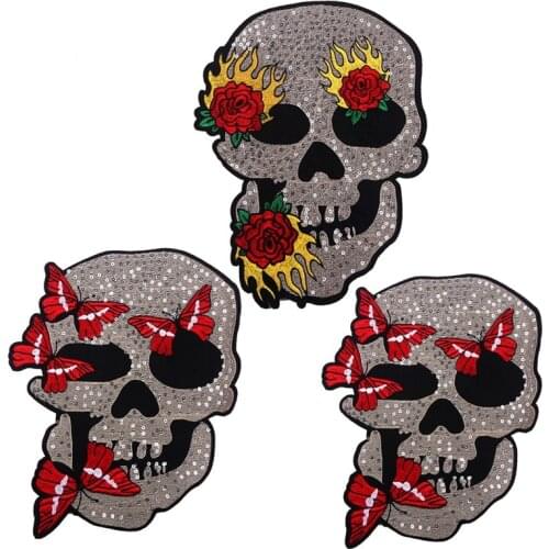 Fine Embroidered Butterfly Skull Patches for Jacket Large Rose Skeleton Head Sequined Appliques Sewing DIY Decals Decor