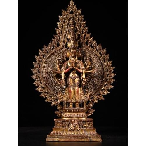 16"Tibet Temple Collection Old Bronze Cinnabar Lacquer 1000 Arm Guanyin Bodhisattva Back light Standing Buddha Ornaments