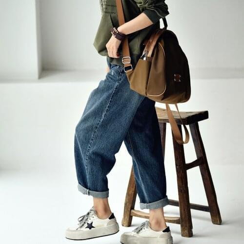 MICOCO N6176C Korean Fashion Nostalgic dark blue loose BF wind nine points wide leg jeans