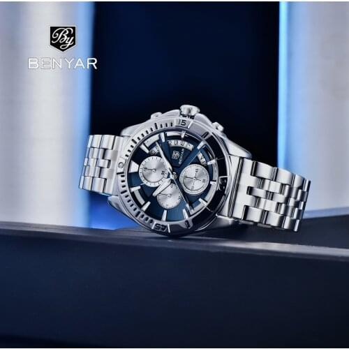 Benyar 2021 New Top Fashion Limited Edition Men' Quartz Watch Stainless Steel Hollow Waterproof Calendar Watch Relogio Masculino