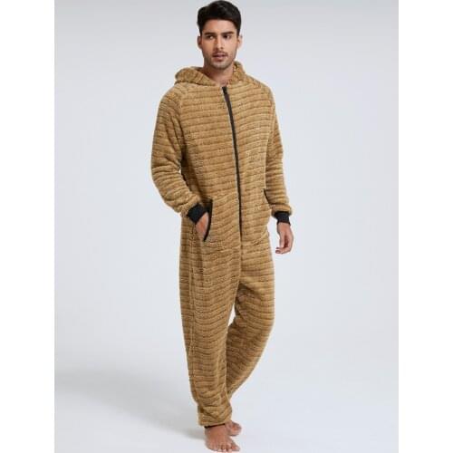 Men Solid Flannel Pajamas Jumpsuits Long Sleeve Homewear 2021 Overalls Hoode Nightwear