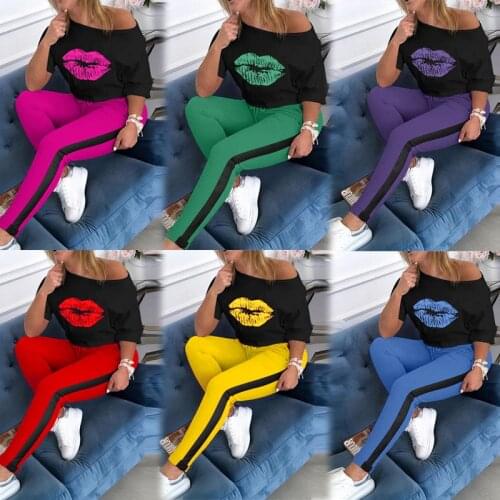 Lip Print Sexy Off Shoulder Tracksuit Women Sets Summer Clothing Elegant Top and Pants Two Piece Set Jogging Suit Lounge Wear